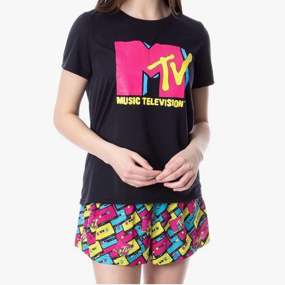 Intimo MTV Womens' Music Television Neon Cassette Tape Sleep Pajama Set Short - Picture 8 of 11